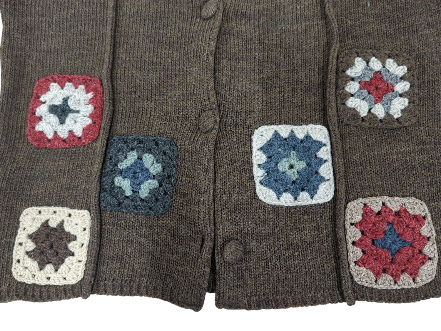 Handcrafted Brown Wool Sweater Vest with Crochet Squares - Size L