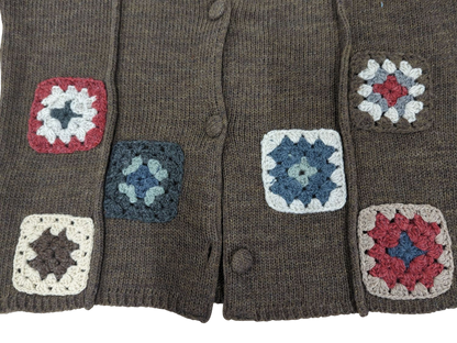Handcrafted Brown Wool Sweater Vest with Crochet Squares - Size L