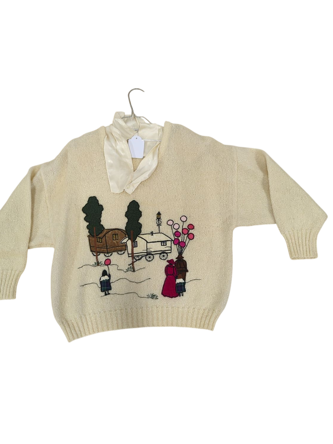 Maurice Athor Cream Embroidered Folk Scene Sweater - Vintage