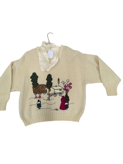 Maurice Athor Cream Embroidered Folk Scene Sweater - Vintage