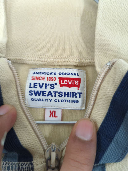 Levi's Beige Zip-Up Sweatshirt with Navy Stripes - Size XL