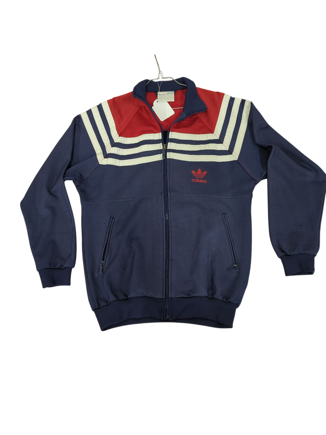 Adidas Vintage Track Jacket - Navy with Red and White Stripes - Size 170