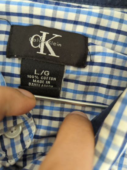 CK Klein Blue Checkered Button-Down Shirt - Size L