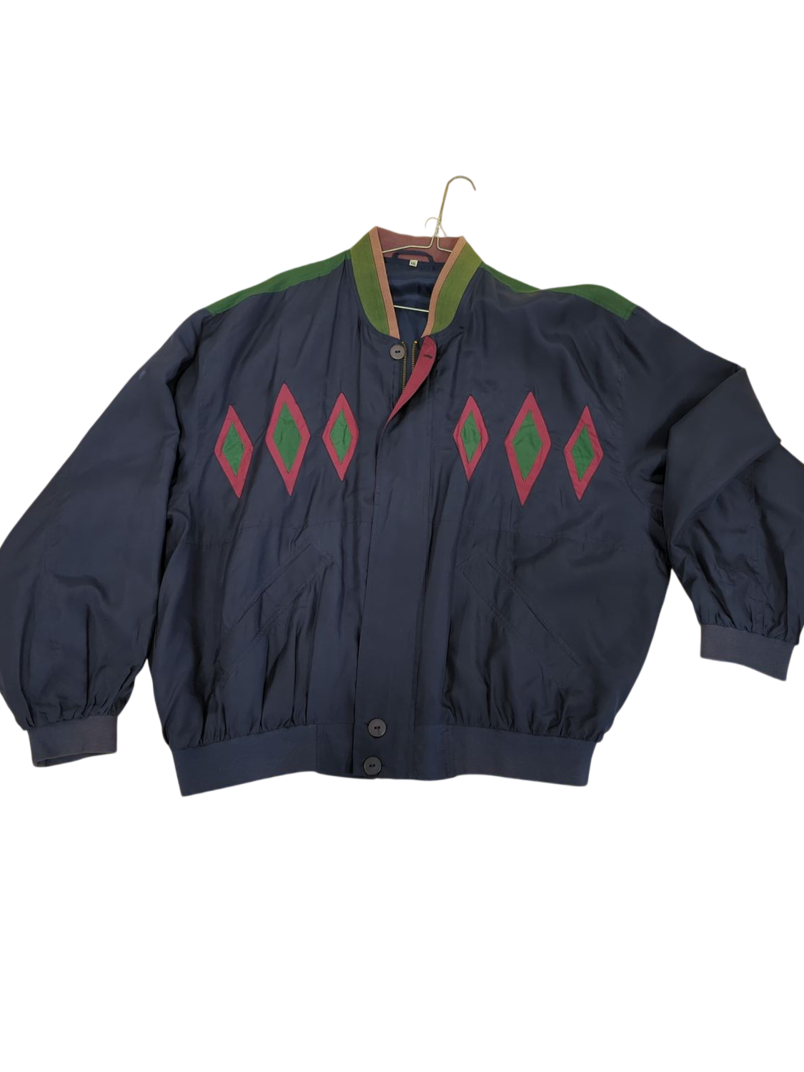 Vintage XXL Bomber Jacket with Diamond Pattern - Navy with Green & Pink Accents