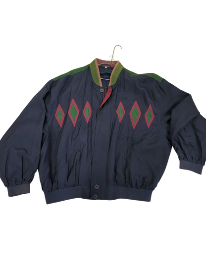 Vintage XXL Bomber Jacket with Diamond Pattern - Navy with Green & Pink Accents