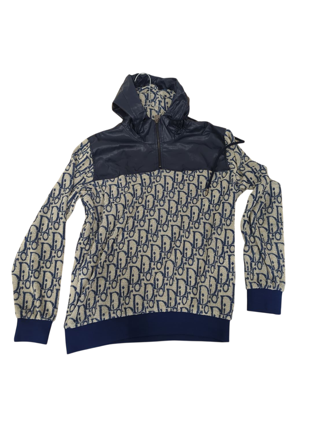 Men's Navy & Beige Patterned Bomber Jacket with Leather Details