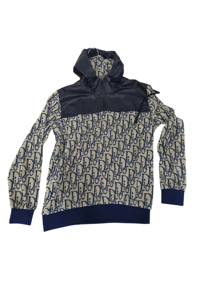 Men's Navy & Beige Patterned Bomber Jacket with Leather Details