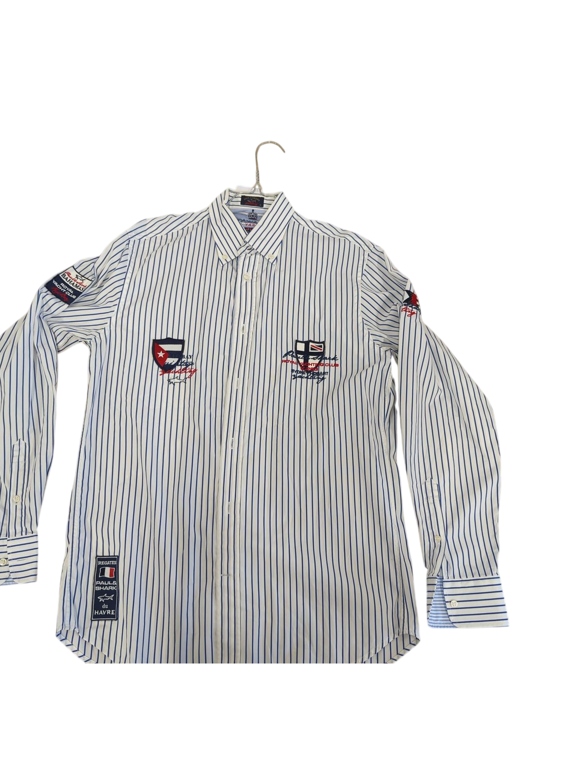 Men's Striped Button-Down Shirt with Flag Emblems