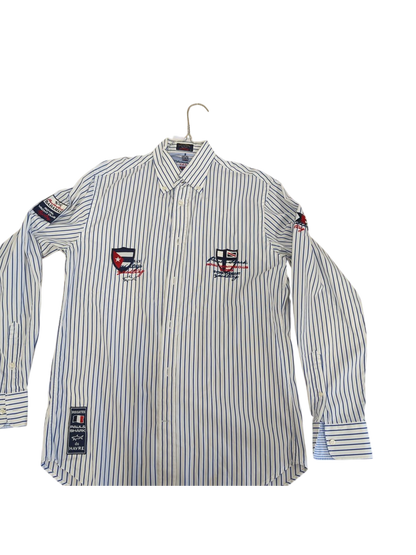 Men's Striped Button-Down Shirt with Flag Emblems