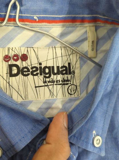 Desigual Blue Patchwork Button-Down Shirt - Size Slim