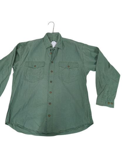 American Retro Green Button-Down Shirt - Casual Cotton Long Sleeve