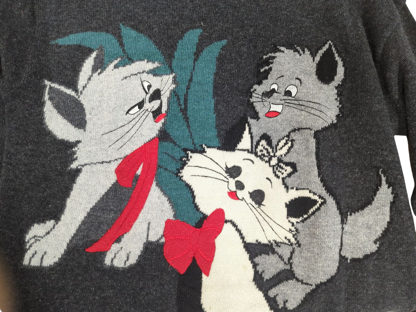 Vintage Cartoon Cat Sweater with Knitted Design - Dark Grey