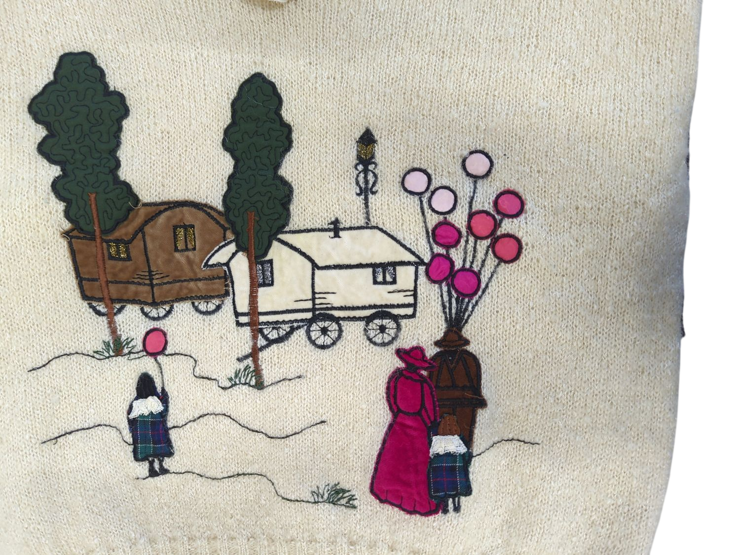Maurice Athor Cream Embroidered Folk Scene Sweater - Vintage