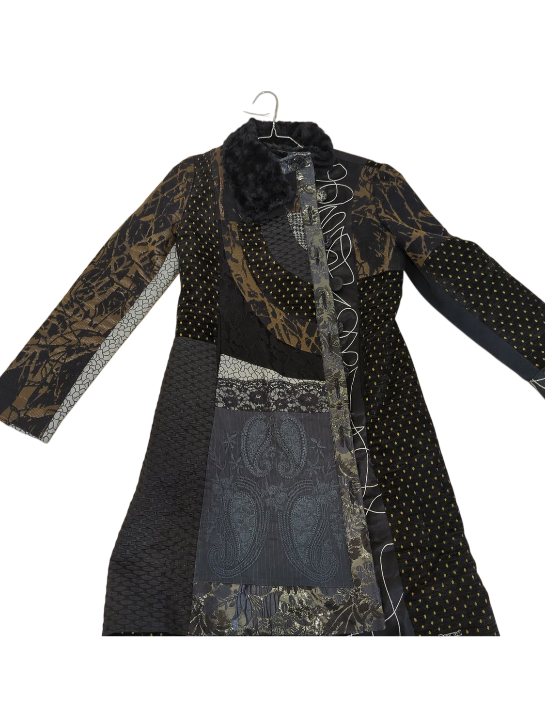 Desigual Patchwork Coat with Fur Collar - Size 38