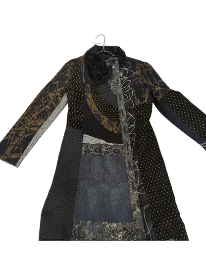 Desigual Patchwork Coat with Fur Collar - Size 38