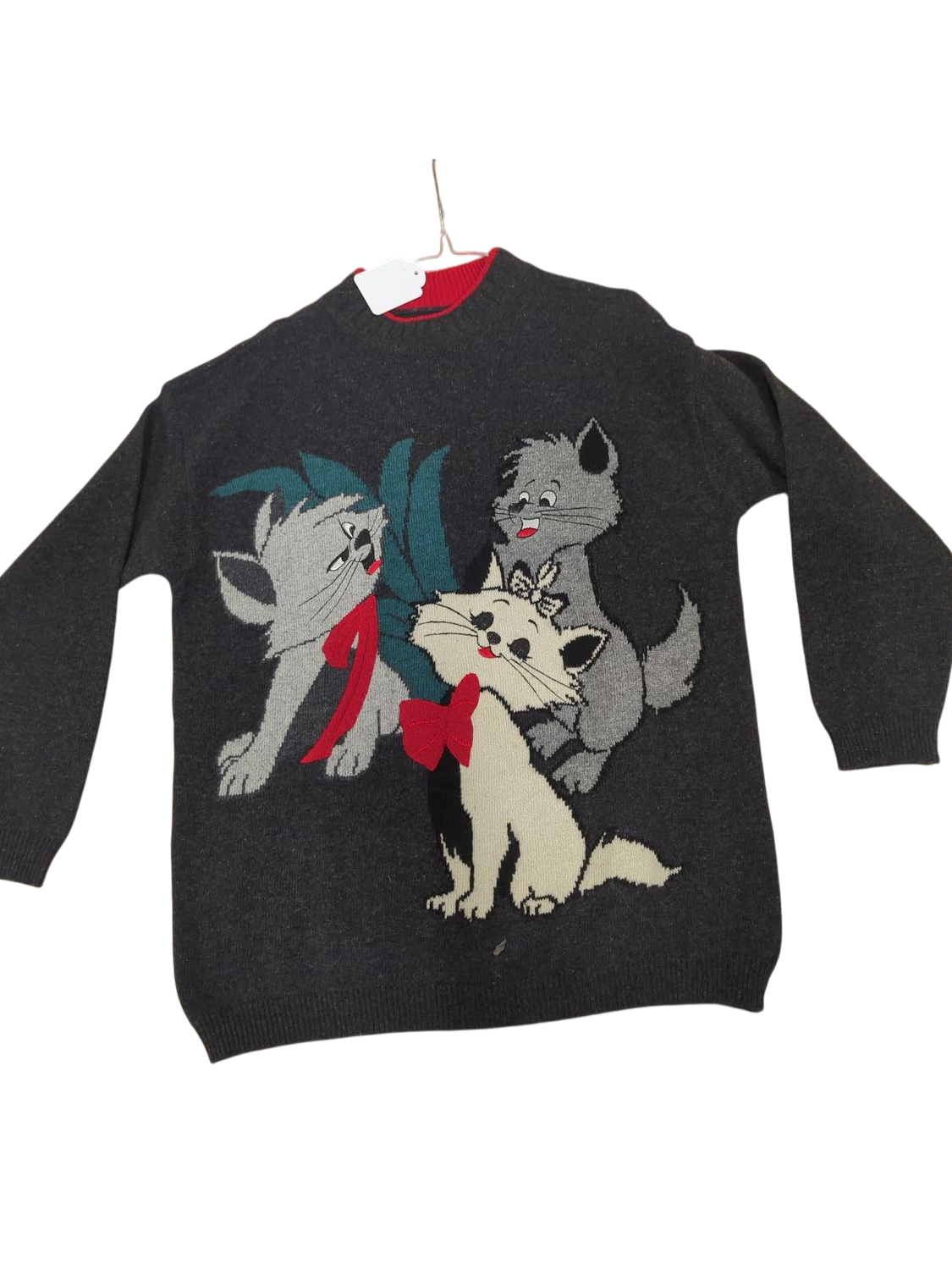 Vintage Cartoon Cat Sweater with Knitted Design - Dark Grey