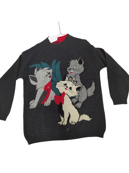 Vintage Cartoon Cat Sweater with Knitted Design - Dark Grey