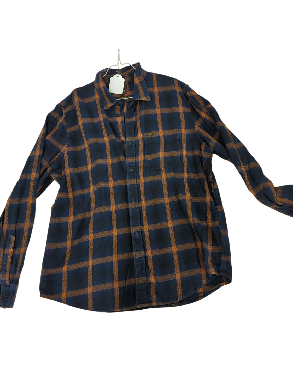 Lee Regular Fit Plaid Flannel Shirt - Men's XL - Navy & Orange Check