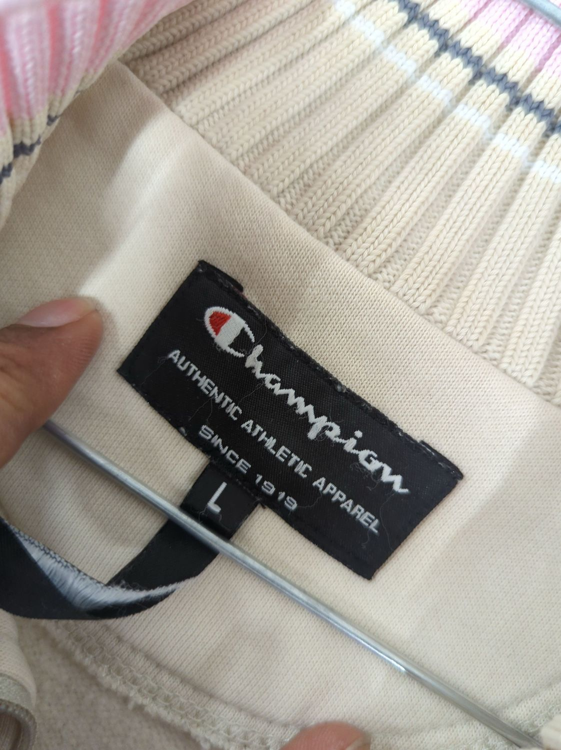 Champion Beige Bomber Jacket with Pink Trim - Size L