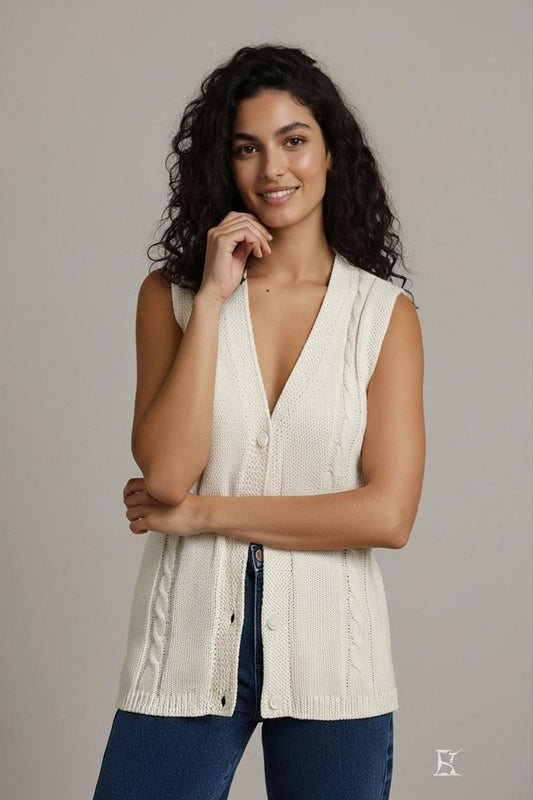 Handmade Cream Knitted Sleeveless Cardigan Vest