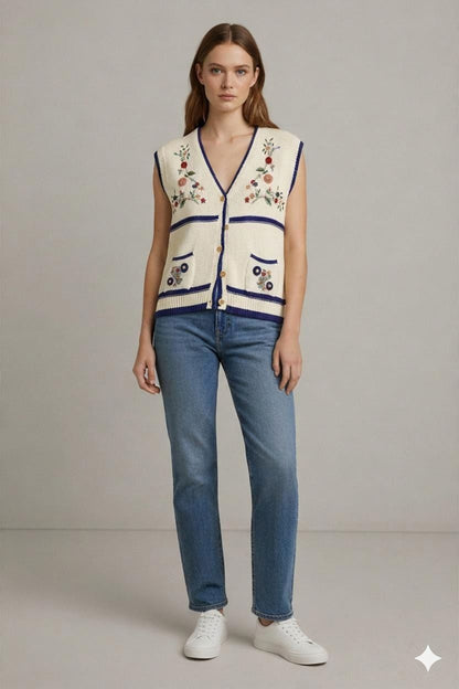 Modafil Cream Knit Vest with Floral Embroidery - Size 03