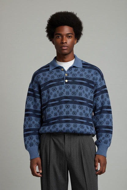 Vintage Gianni Alberti Italian Wool Sweater - Blue Pattern - Size 48