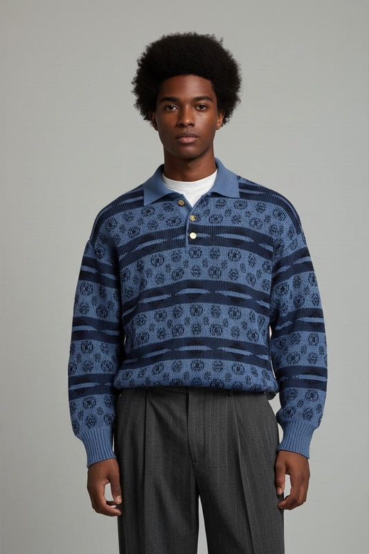 Vintage Gianni Alberti Italian Wool Sweater - Blue Pattern - Size 48