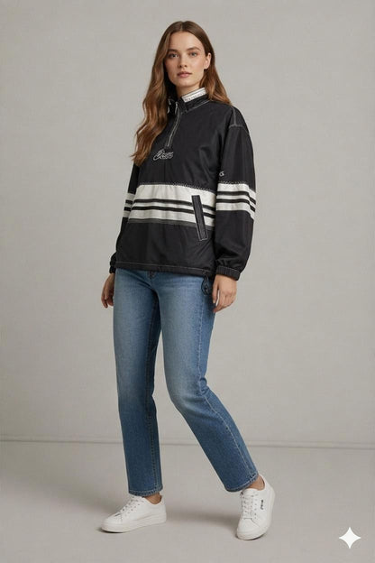 Vintage Asics Black and White Windbreaker Jacket with Half-Zip