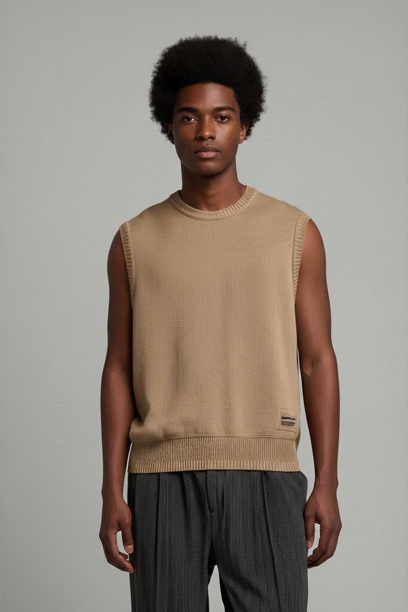 GAS Men's Beige Sleeveless Sweater Vest - Size L