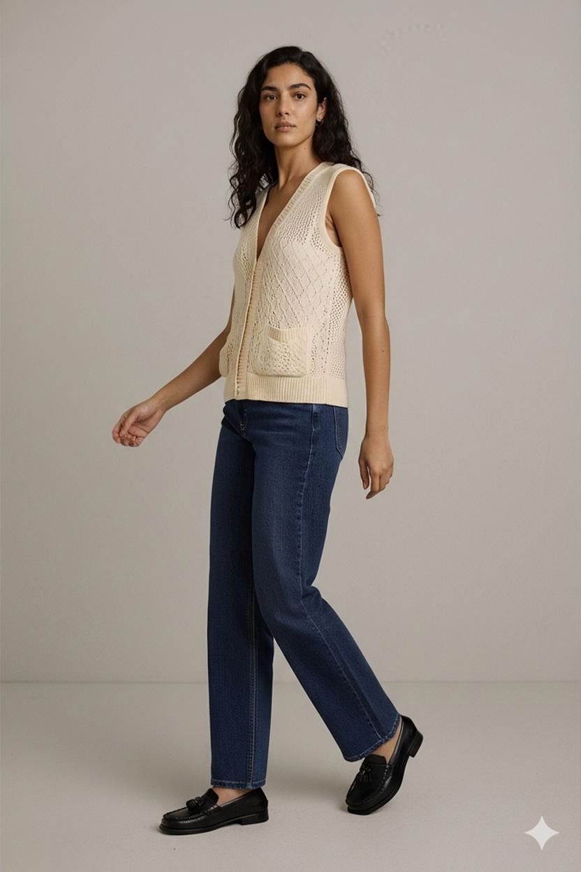 Cream Knitted Sleeveless Sweater Vest with Button Front