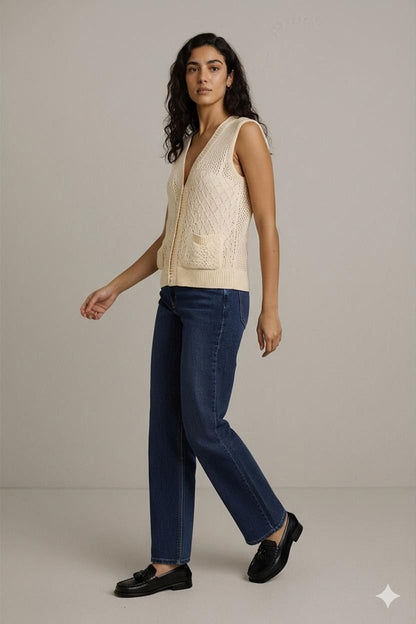 Cream Knitted Sleeveless Sweater Vest with Button Front