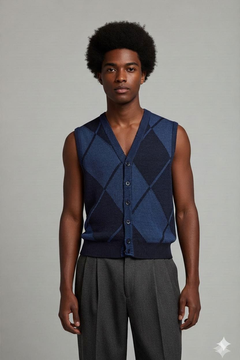 Les Corps Men's Blue Argyle Knit Sweater Vest - Size 56
