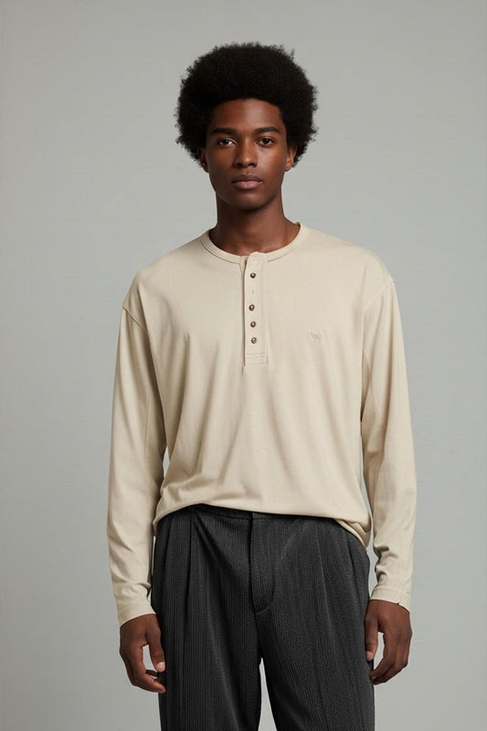 Camel Shop Travel Line Henley Shirt - Long Sleeve Beige Top