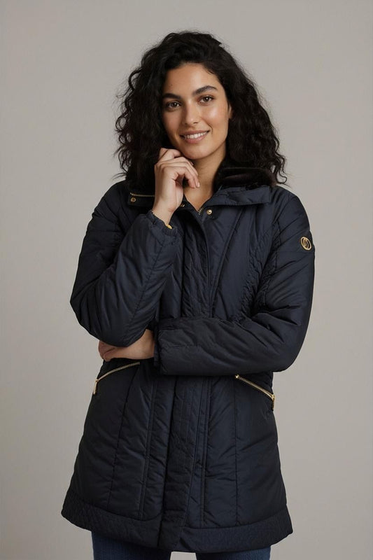 Armani Jeans Navy Parka Coat with Fur Collar - Size 42/6