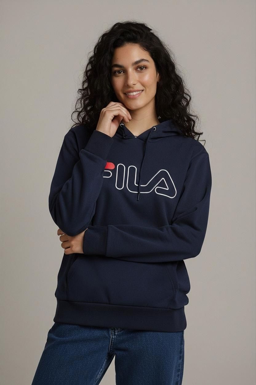 FILA Navy Blue Hoodie with Logo - Size Small