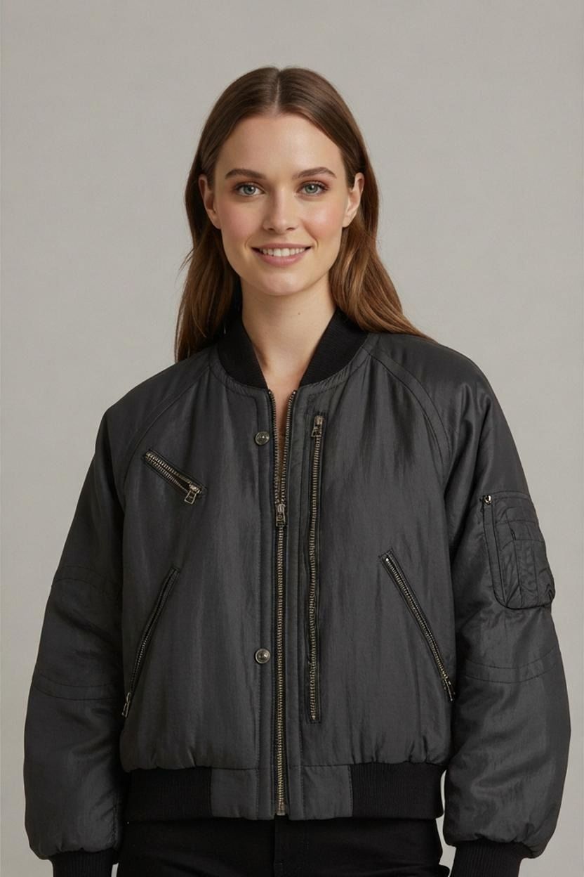 Black Bomber Jacket with Zipper Details - Size 50
