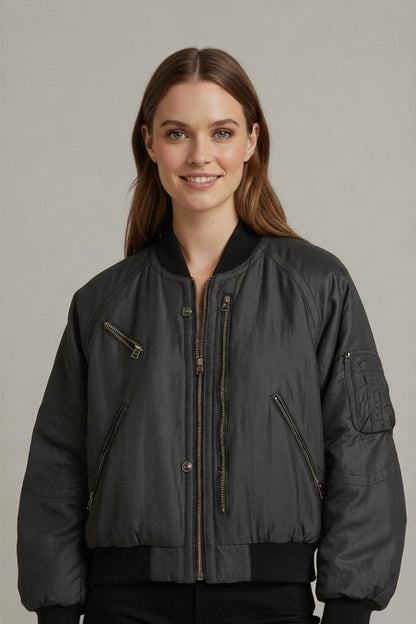Black Bomber Jacket with Zipper Details - Size 50