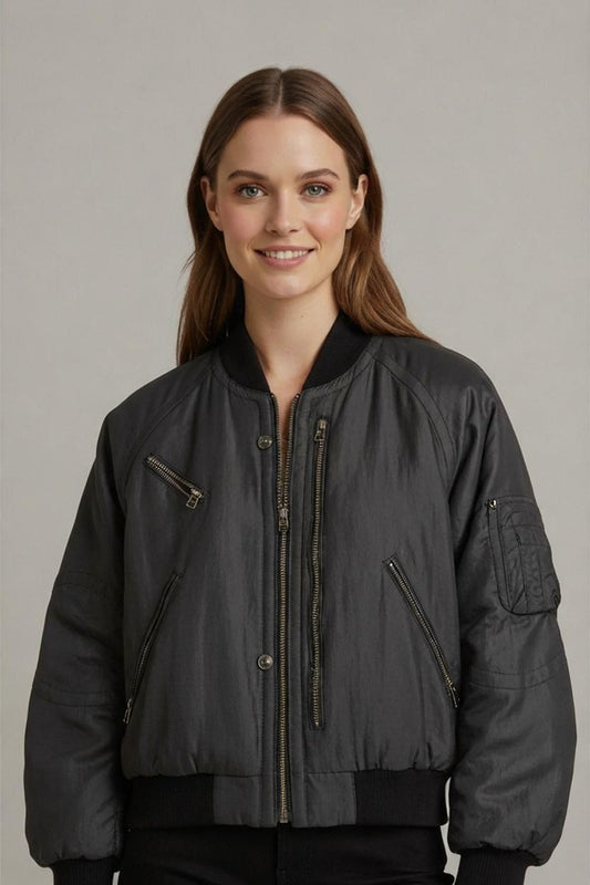 Black Bomber Jacket with Zipper Details - Size 50