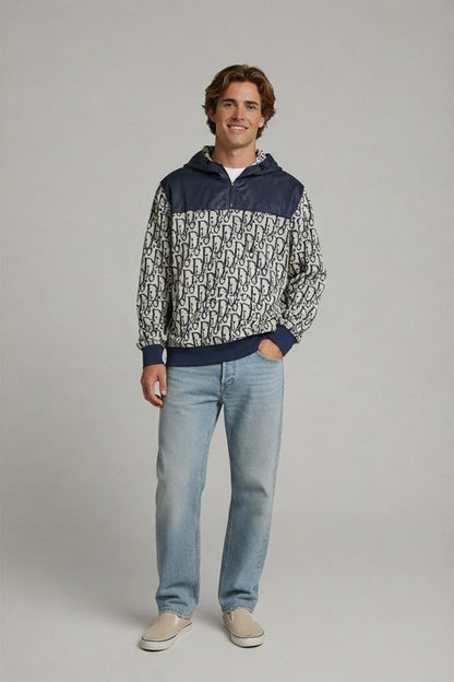 Men's Navy & Beige Patterned Bomber Jacket with Leather Details