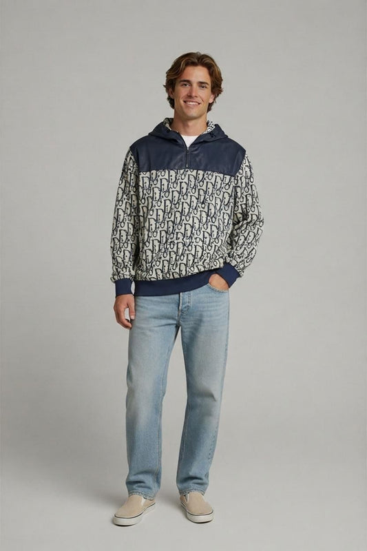 Men's Navy & Beige Patterned Bomber Jacket with Leather Details