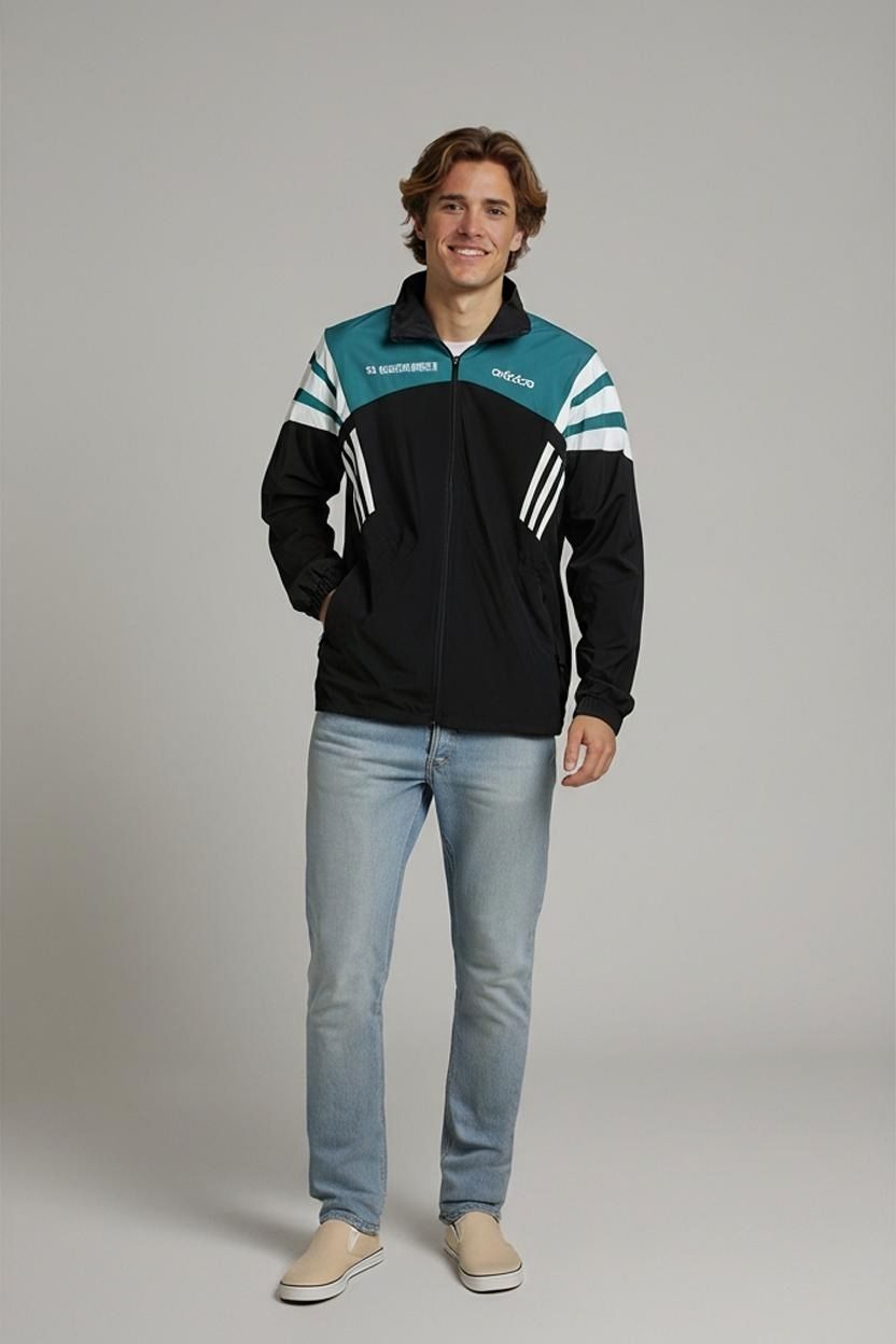Adidas Vintage Windbreaker Jacket - Black & Teal with White Stripes
