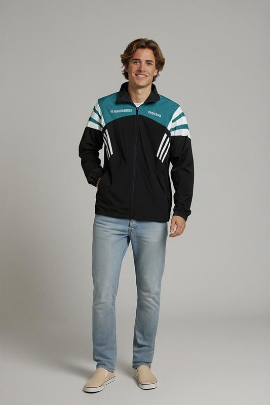 Adidas Vintage Windbreaker Jacket - Black & Teal with White Stripes