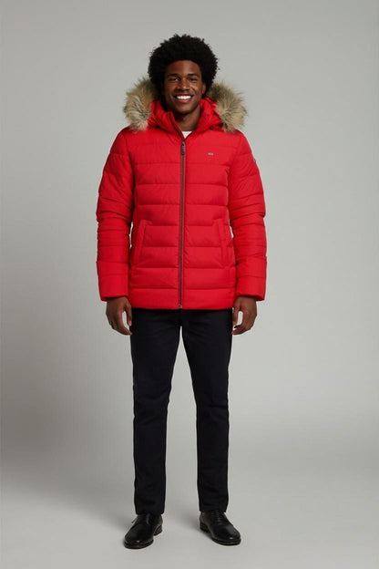 Tommy Jeans Red Puffer Jacket with Fur Hood - Size S