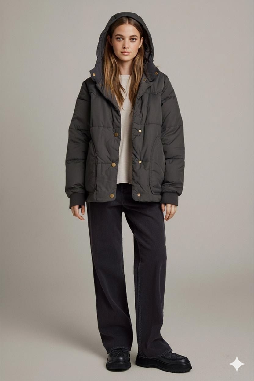 Black Quilted Parka Jacket with Gold Buttons