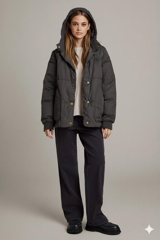 Black Quilted Parka Jacket with Gold Buttons