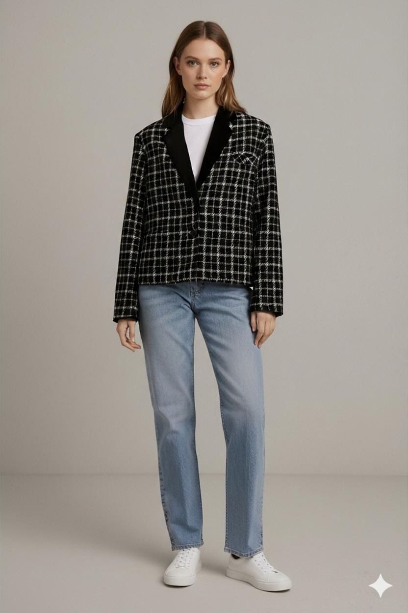 Black and White Checkered Wool Jacket - 100% LANA