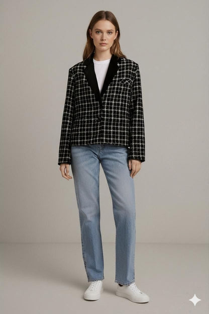 Black and White Checkered Wool Jacket - 100% LANA
