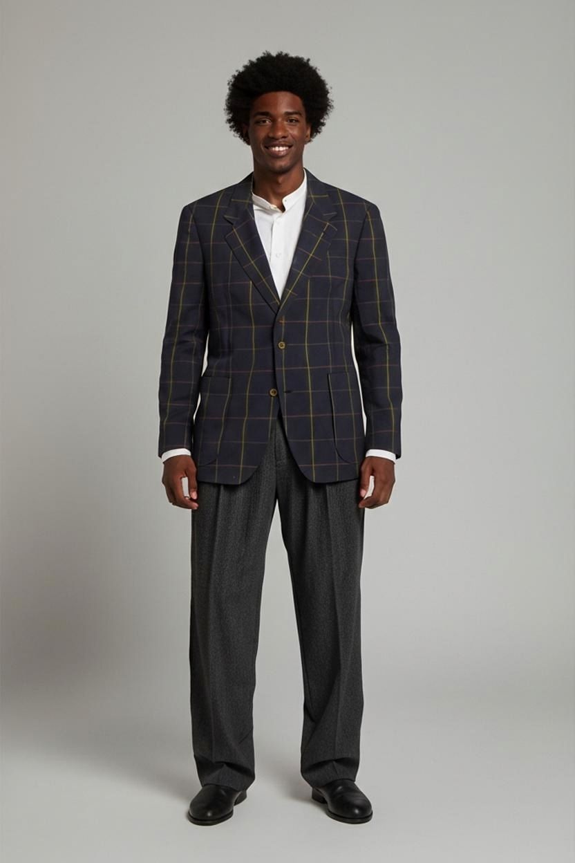 Navy Blue Plaid Blazer with Green and Red Check Pattern