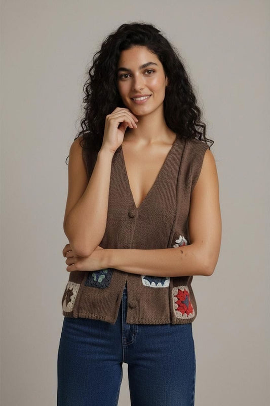Handcrafted Brown Wool Sweater Vest with Crochet Squares - Size L