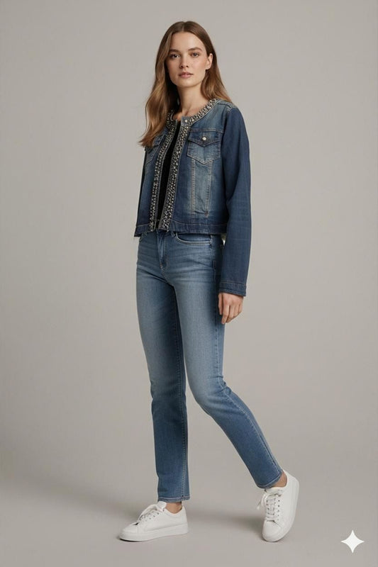 Women's Embellished Denim Jacket with Decorative Studs